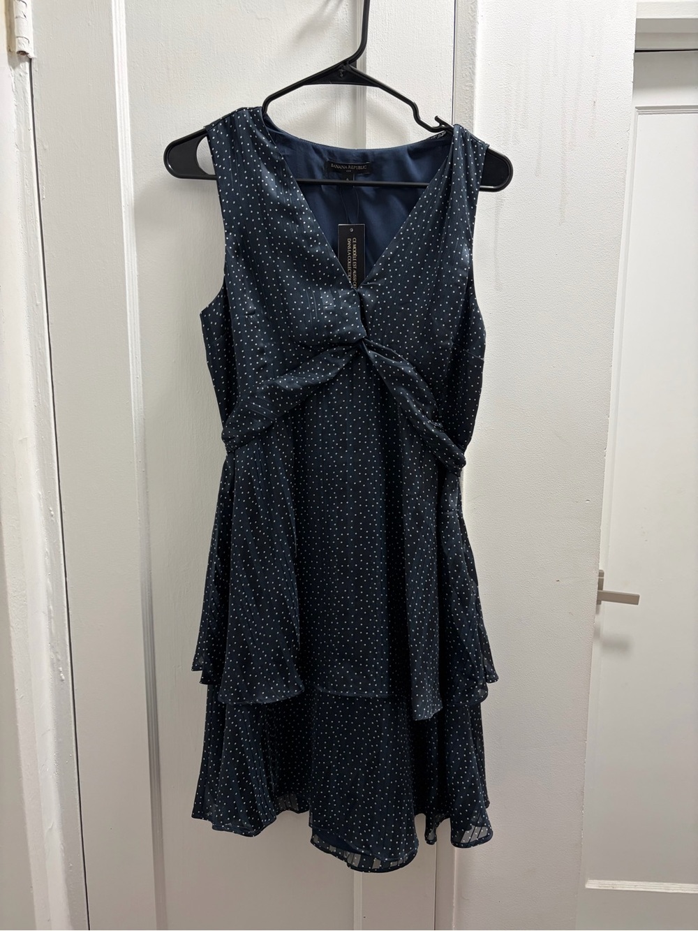 Banana Republic Navy Polka Dot Tiered Twist-Front Dress